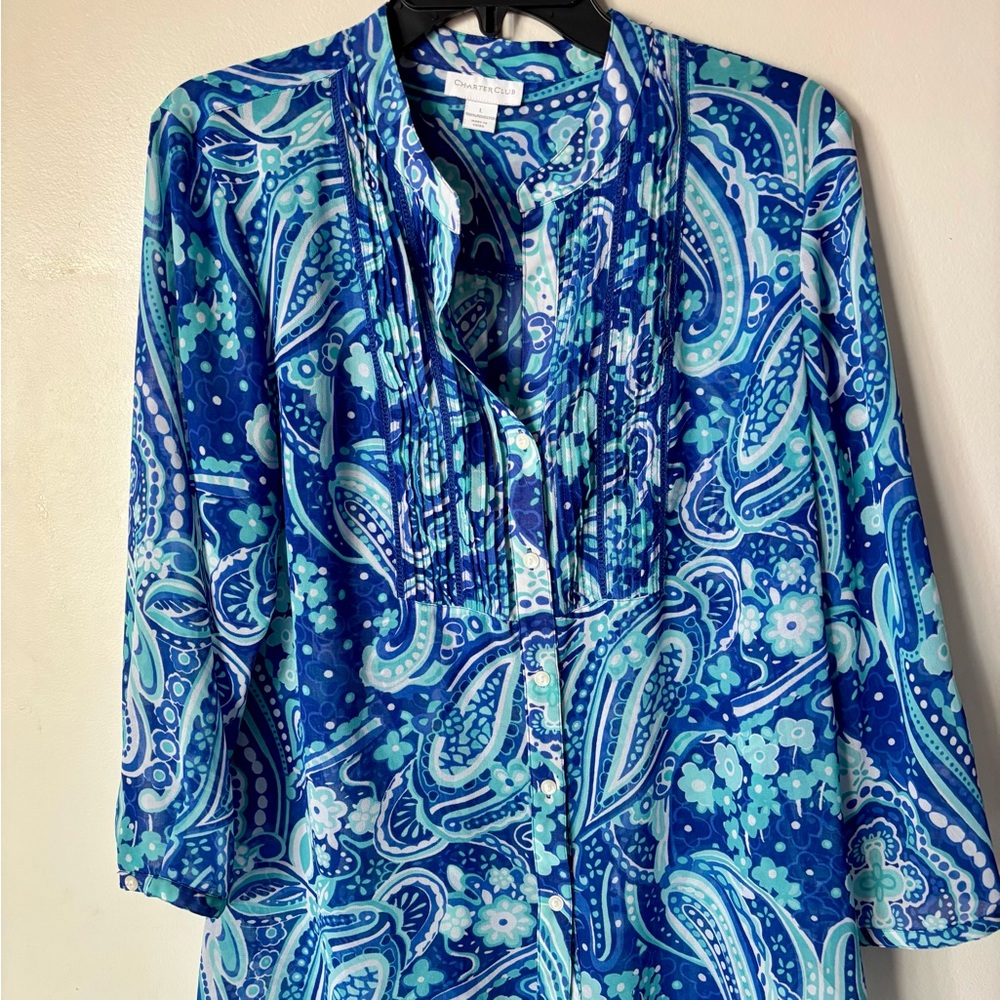 Charter Club Blue and Aqua Paisley Blouse, L